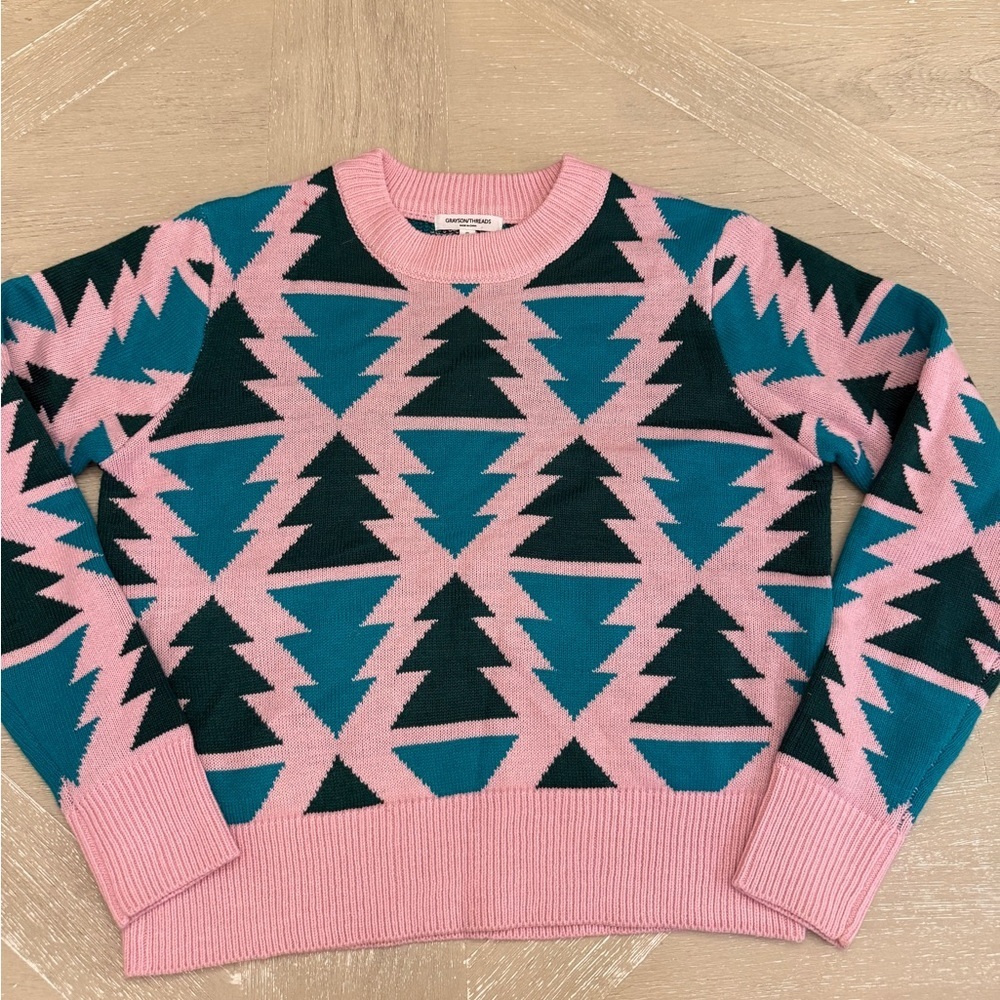 Grayson Threads Pink and Teal Geometric Sweater
